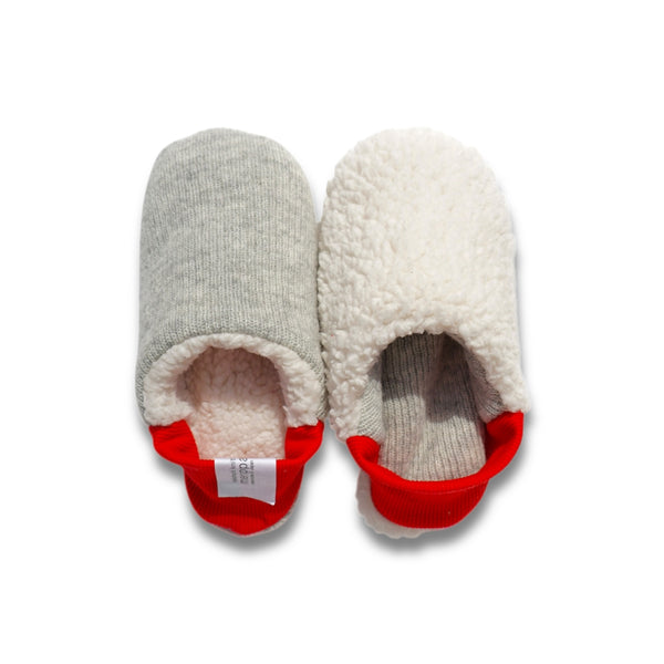 Merippa - House Slippers - Reversible Grey/Red knit x Sheep boa