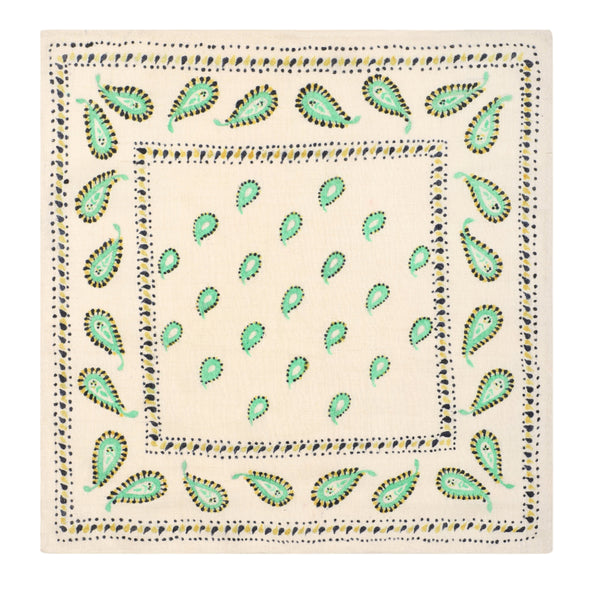 Hand Painted Cashmere Paisley Bandana Scarf - 20x 20" - Green