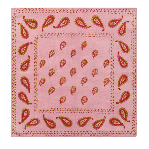 Hand Painted Cashmere Paisley Bandana Scarf - 20x 20" - Pink
