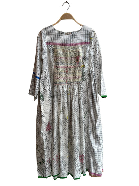 Injiri - White Long Sleeve Silk Dress with Leaf Print and Dots  - 100% Silk