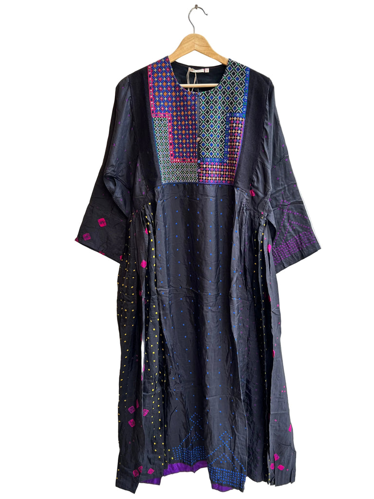 Injiri - Black Silk Dress With Embroidered Bib And Dot Side Panel  - 100% Silk