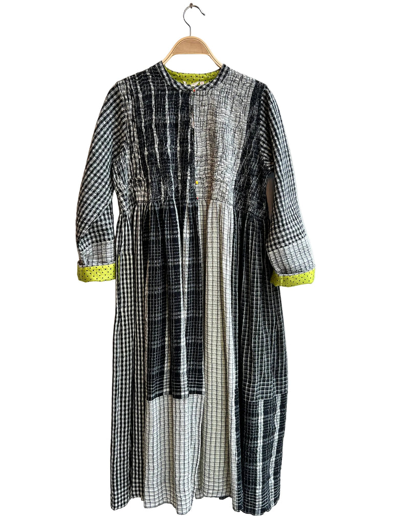 Injiri - Black Mix Print Long Sleeve Wool Black/White Ruched Jacket Dress
