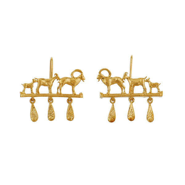 Alex Monroe - Mountain Goat Family Relic Earrings with Ornate Drops