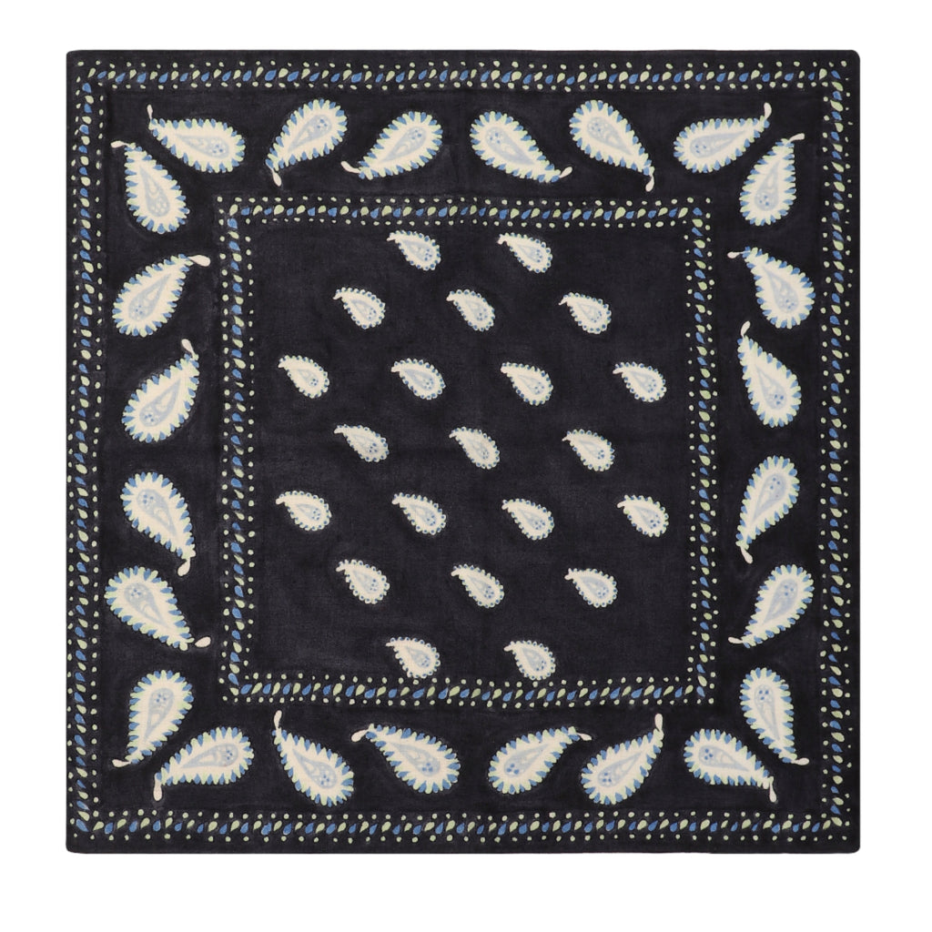 Hand Painted Cashmere Paisley Bandana Scarf - 20x 20" - Navy