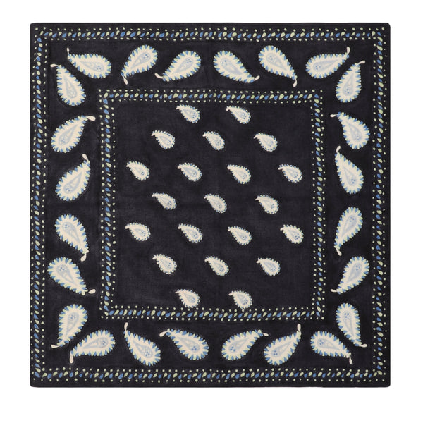 Hand Painted Cashmere Paisley Bandana Scarf - 20x 20" - Navy