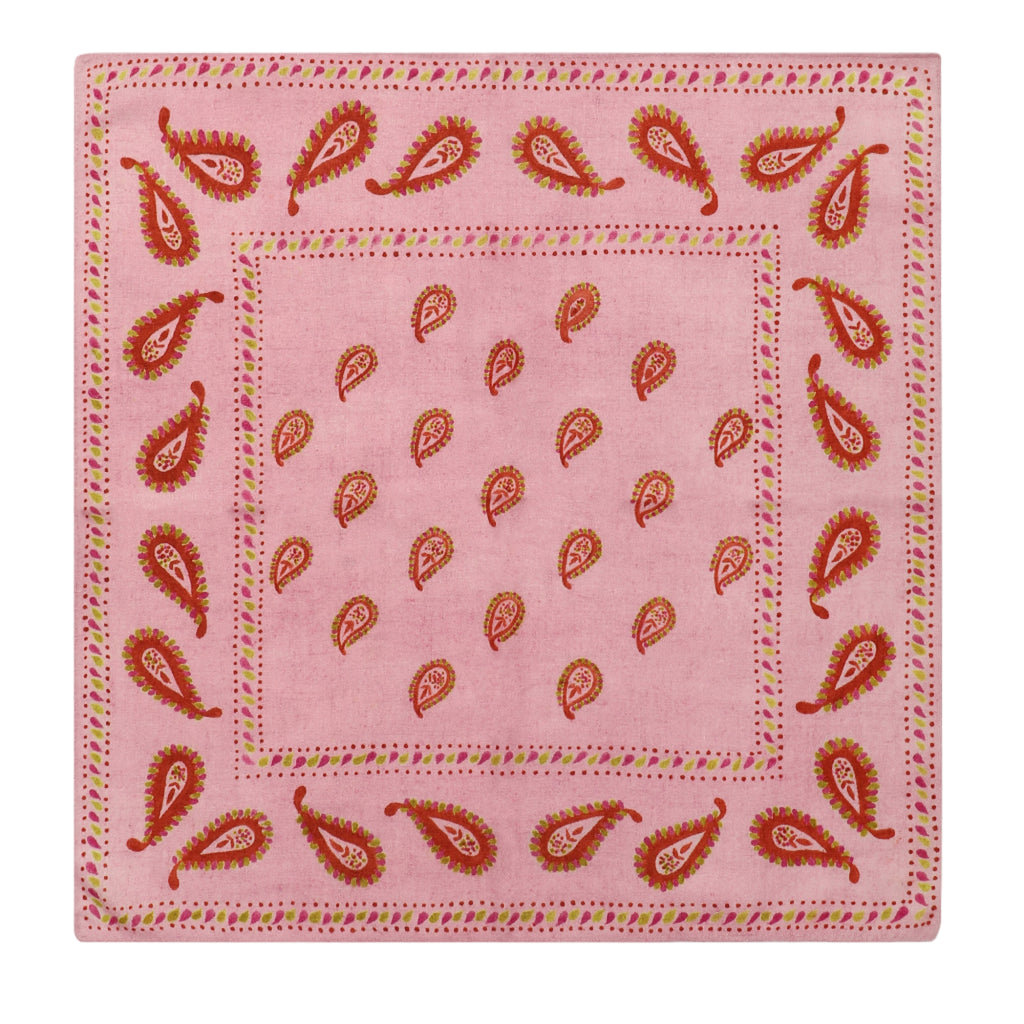 Hand Painted Cashmere Paisley Bandana Scarf - 20x 20" - Pink